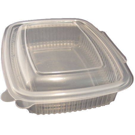 ENVASE PP/POLIPROPILENO TRANSPARENTE TAPA UNIDA (BISAGRA) OVALADO 600cc 145x191x44mm REUTILIZABLE