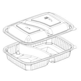 ENVASE PP/POLIPROPILENO 2 compartimentos BASE NEGRA +TAPA TRANSPARENTE RECTANGULAR 1200cc 40onzas 250x185x40/19mm