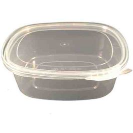 ENVASES PLASTICO PP/POLIPROPILENO TRANSPARENTES TAPA UNIDA(BISAGRA) OVALADOS CIERRE DE SEGURIDAD 500cc 146X117X50mm REUTILIZABLES