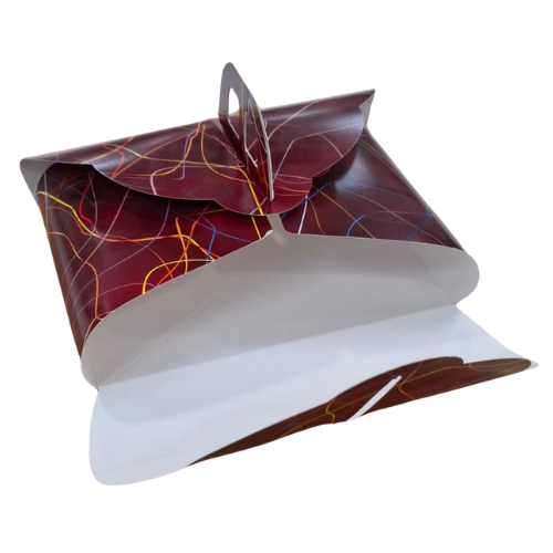 CAJA CARTON FOLDING MARIPOSA CON ASA FONDO BURDEOS 285X222X70mm PARA PASTELES