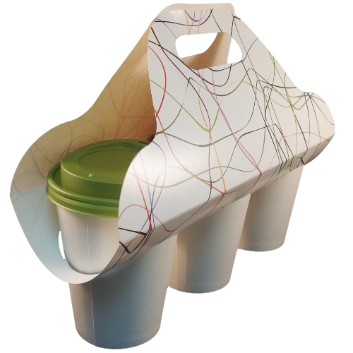 TRANSPORTIN PORTAVASOS CARTONCILLO FOLDING DECORADO FONDO BLANCO 380X285mm PARA 3 VASOS DIAMETRO 90mm PARA VASO CUP012-SUS012-SUS112