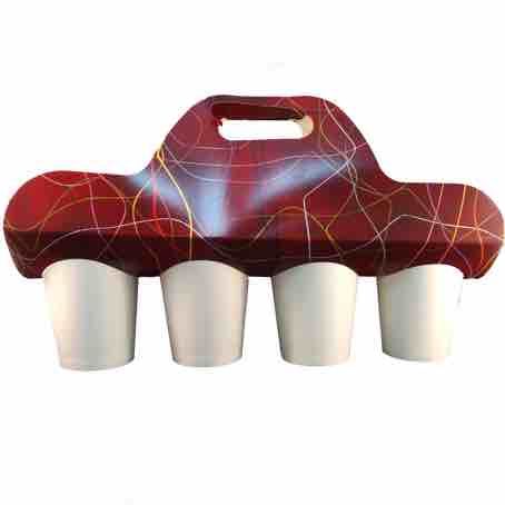 TRANSPORTIN PORTAVASOS CARTONCILLO FOLDING DECORADO FONDO BURDEOS 380X380mm PARA 4 VASOS DIAMETRO 90mm PARA VASO CUP012-SUS012-SUS112